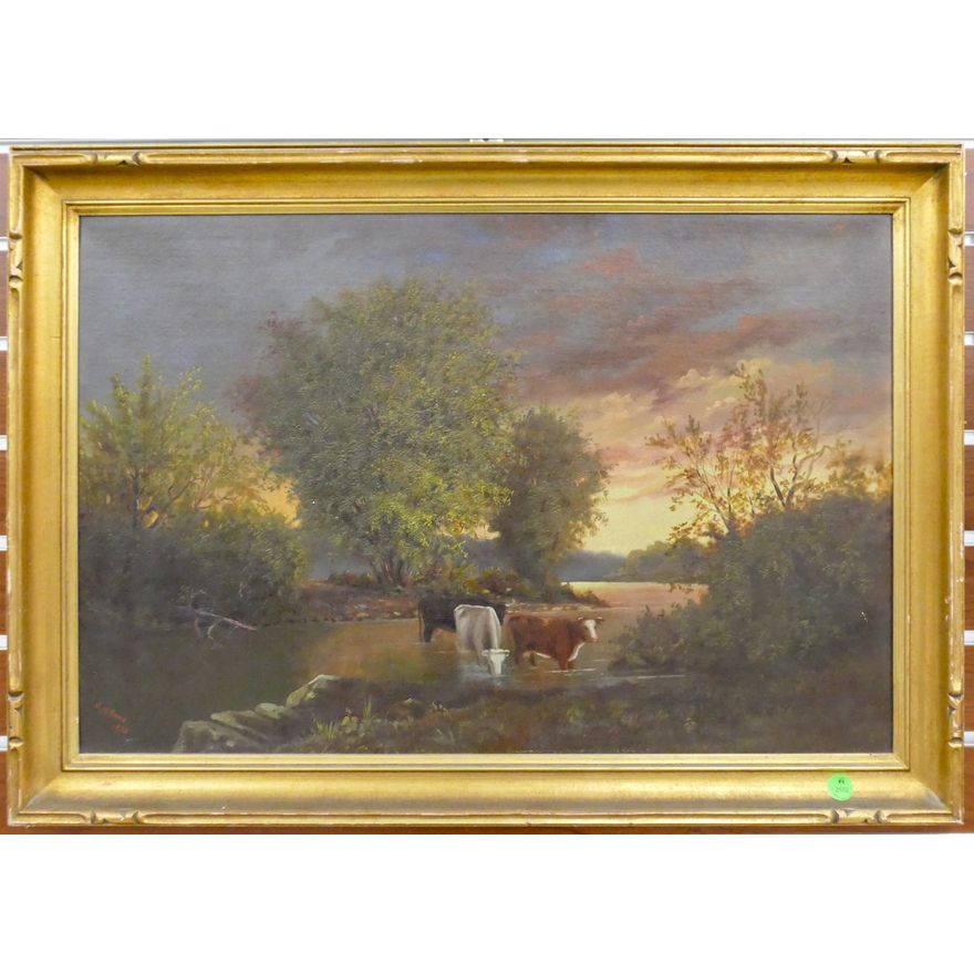 J. M. Davis ''Cows Watering'' 1872 Oil on Canvas Framed 20''x28''