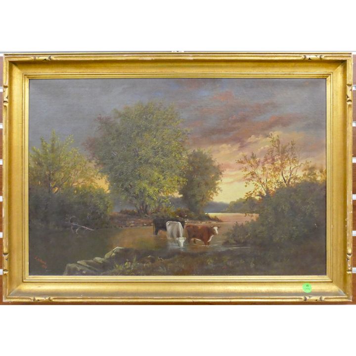 J. M. Davis ''Cows Watering'' 1872 Oil on Canvas Framed 20''x28''