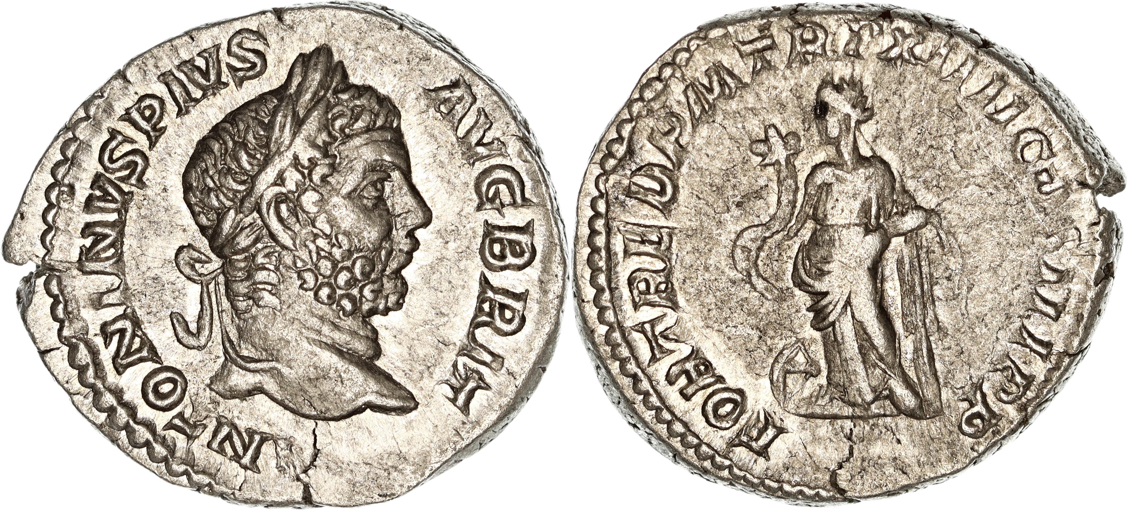 Roman Empire, Caracalla, Silver Denarius, 211 AD, VF-gVF