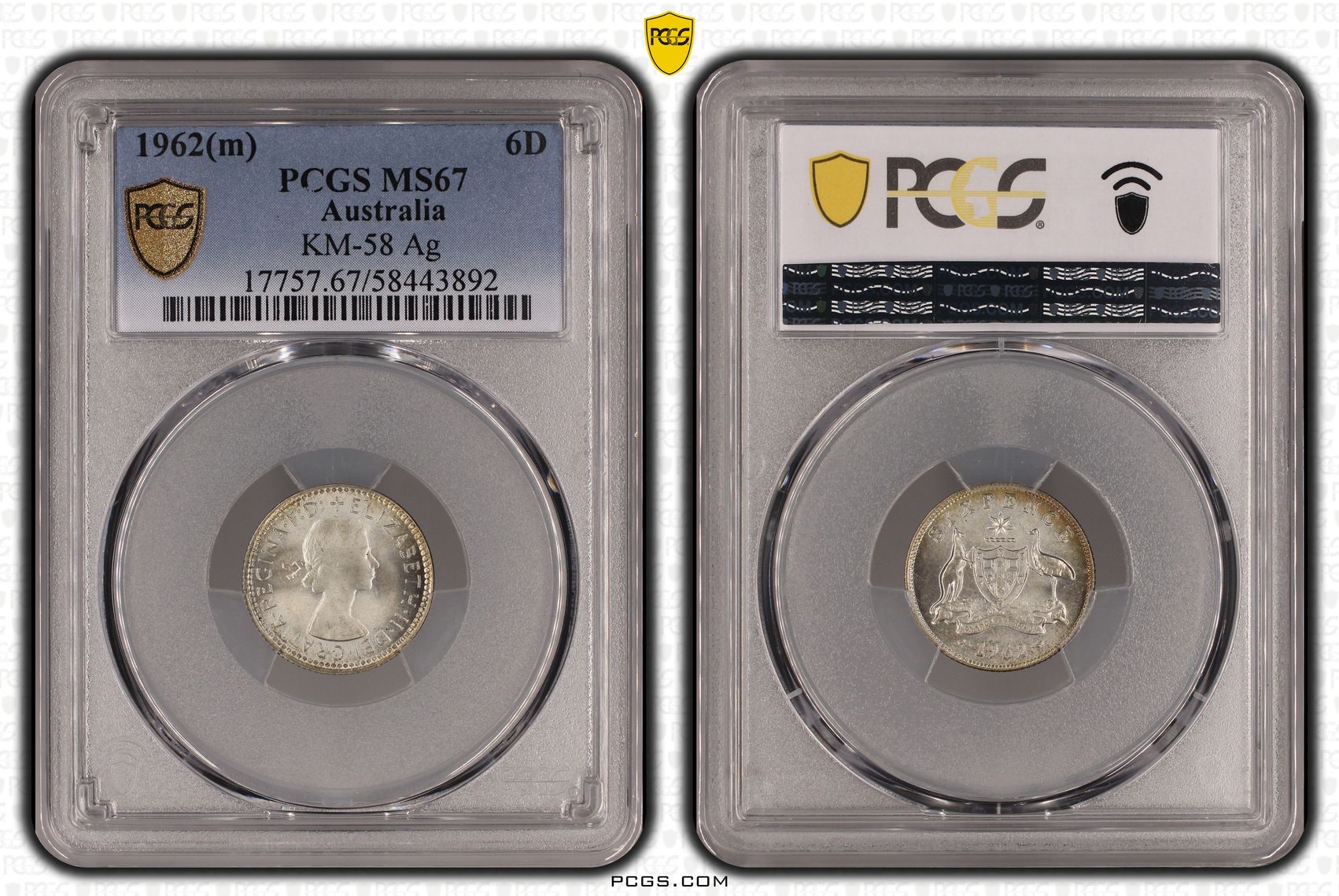 255 · KM-58 Silver, Sixpence, 1962(m), PCGS MS67