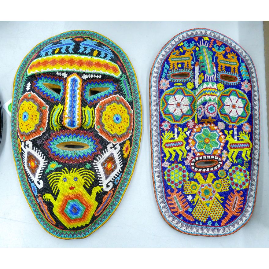 2pc Huichol Mexican Beaded Wall Masks 14'' Approx.