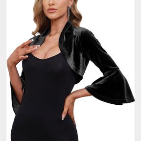 HUHOT WOMENS VELVET LIGHTWEIGHT BOLERO SHRUG FOR EVENING DRESSES 3/4 BELL SLEEVE CROPPED SHRUGS M