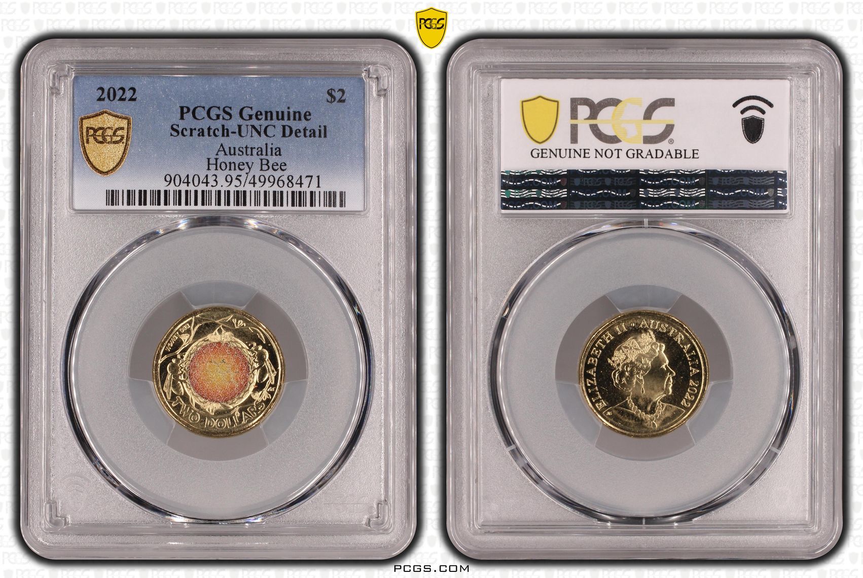 Honey Bee Colourised, Two Dollar, 2022, PCGS Genuine - UNC Details (95 - Scratch)