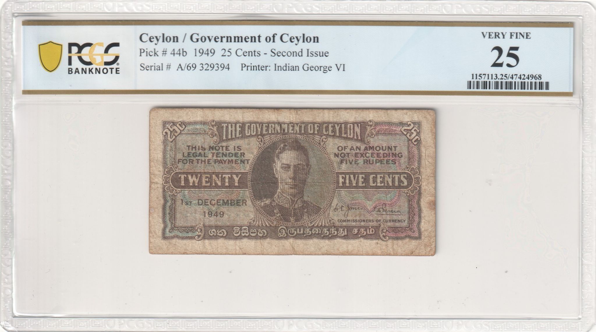 Ceylon, Government of Ceylon, Indian, Second Issue, George VI, Twenty-Five Cent, 1949, PCGS Very Fine 25
