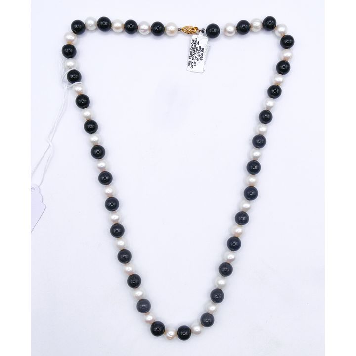14k Pearl and Onyx 9-10mm Bead Necklace 22''