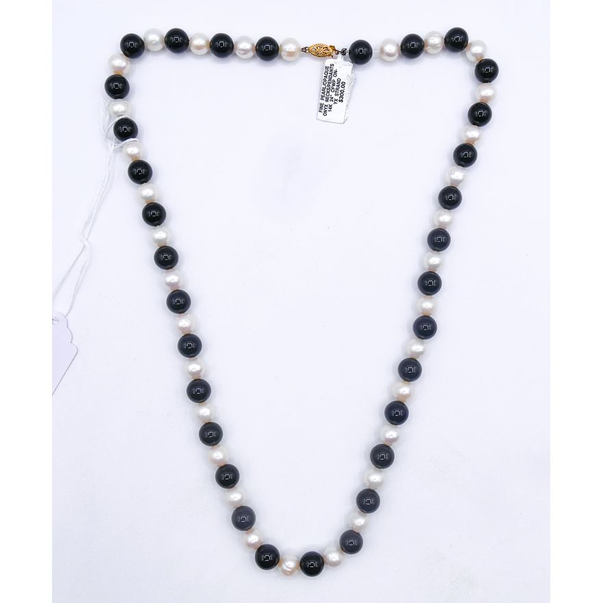 14k Pearl and Onyx 9-10mm Bead Necklace 22''