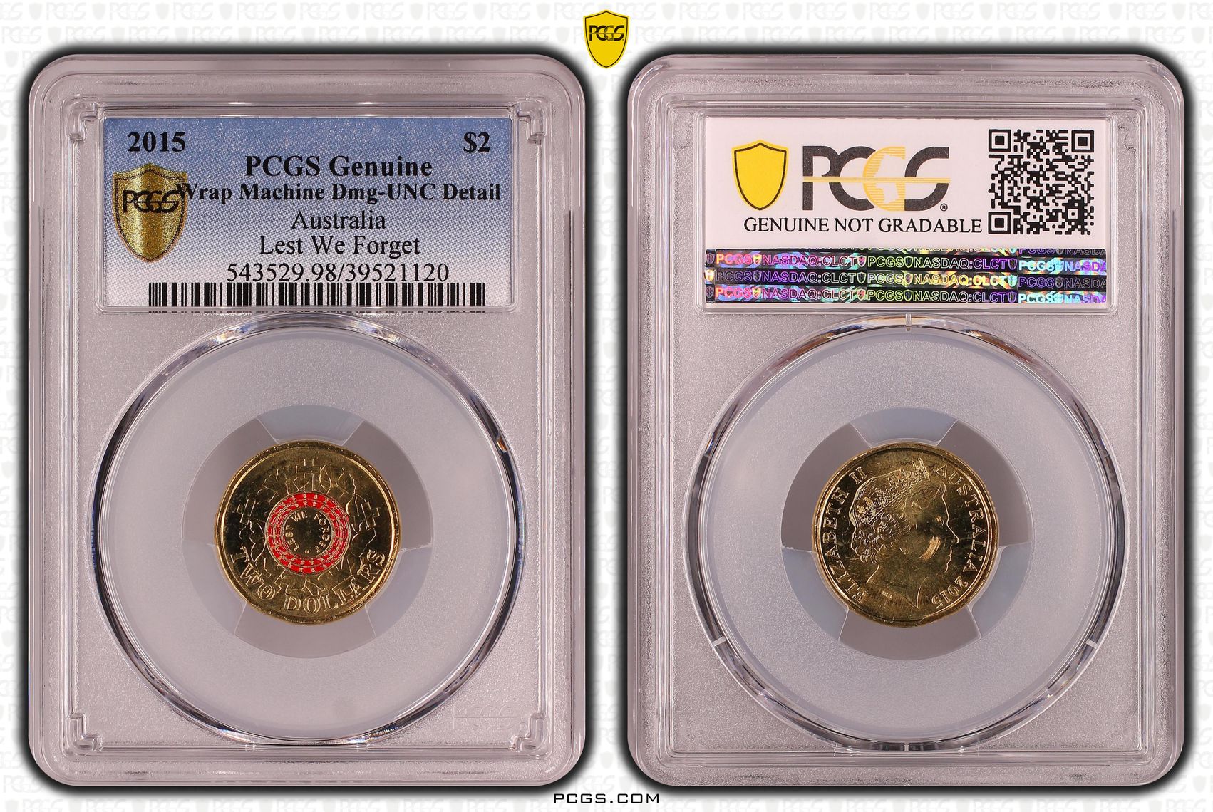 383 · Lest We Forget Colorized, Two Dollar, 2015, PCGS Genuine - UNC Details (98 - Damage)