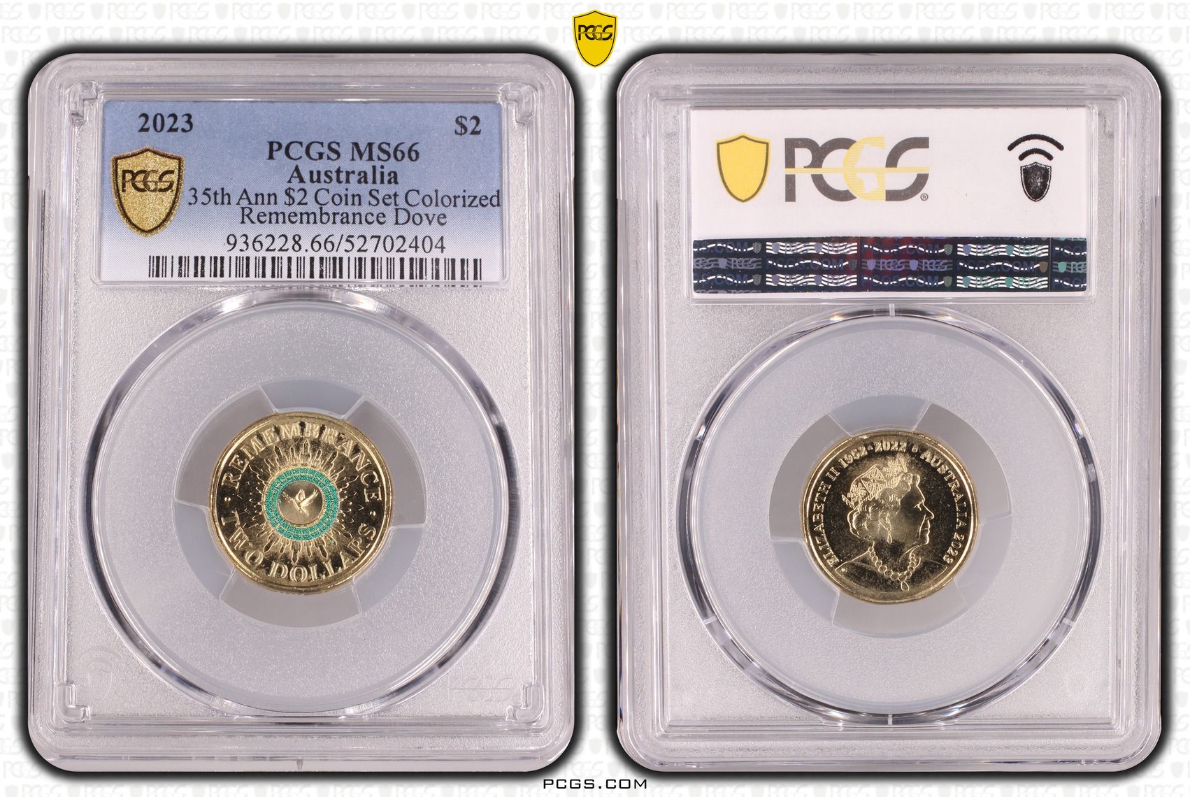 35th Ann $2 Coin Set Colorized Remembrance Dove, Two Dollar, 2023, PCGS MS66
