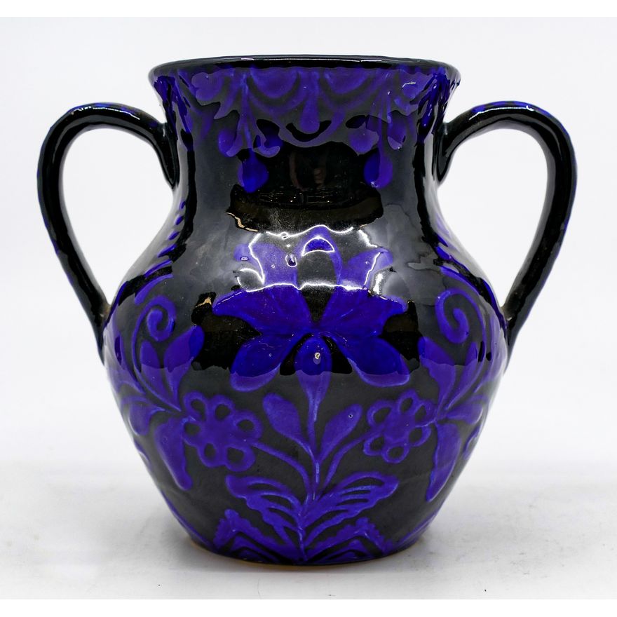 Hungary Black & Blue Floral Pottery Handled Vase 5.5'' - Slight flake to top edge