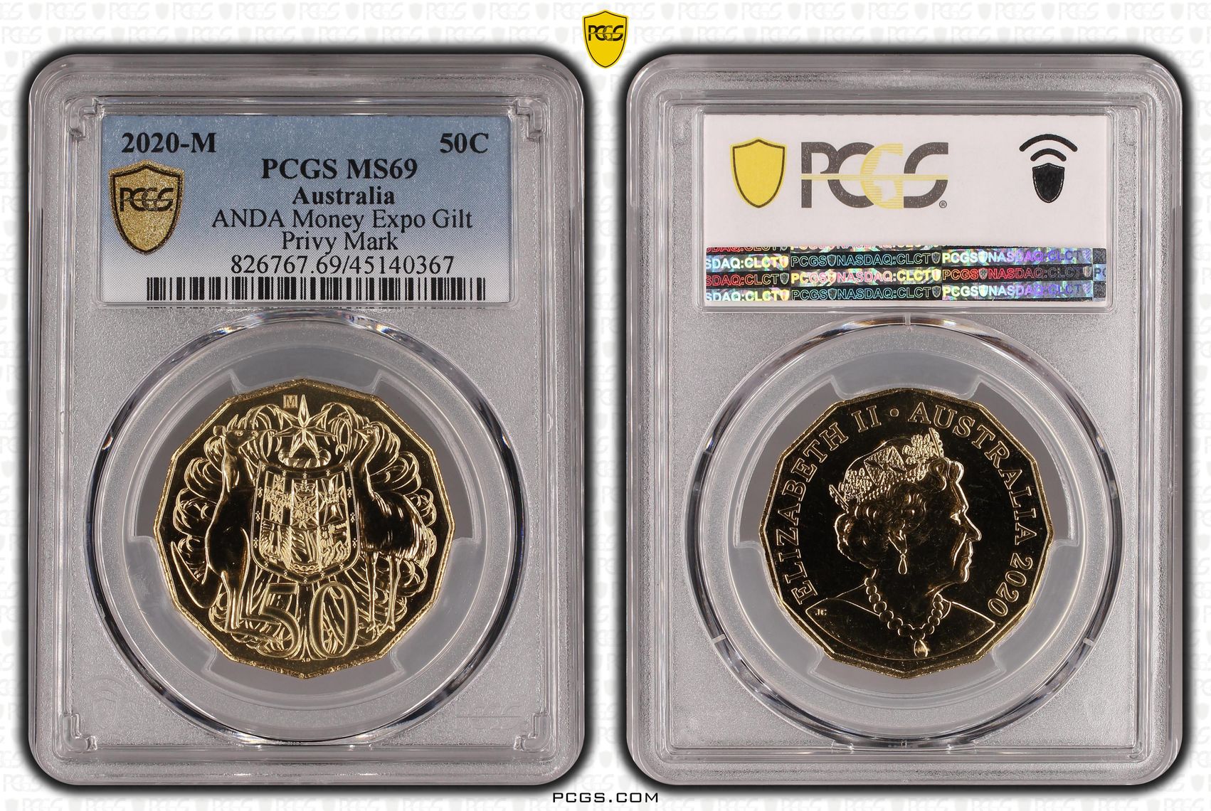 2020-M Australia Fifty Cent, 50c Gold-plated Copper-N ANDA Money Expo Gilt PCGS - MS69 -367