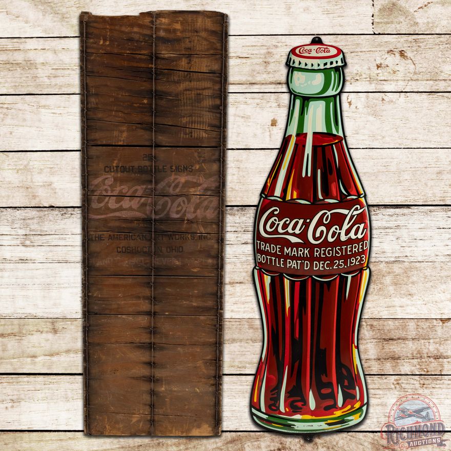 NOS Coca Cola Embossed Die Cut Christmas Bottle Sign w/ Crate