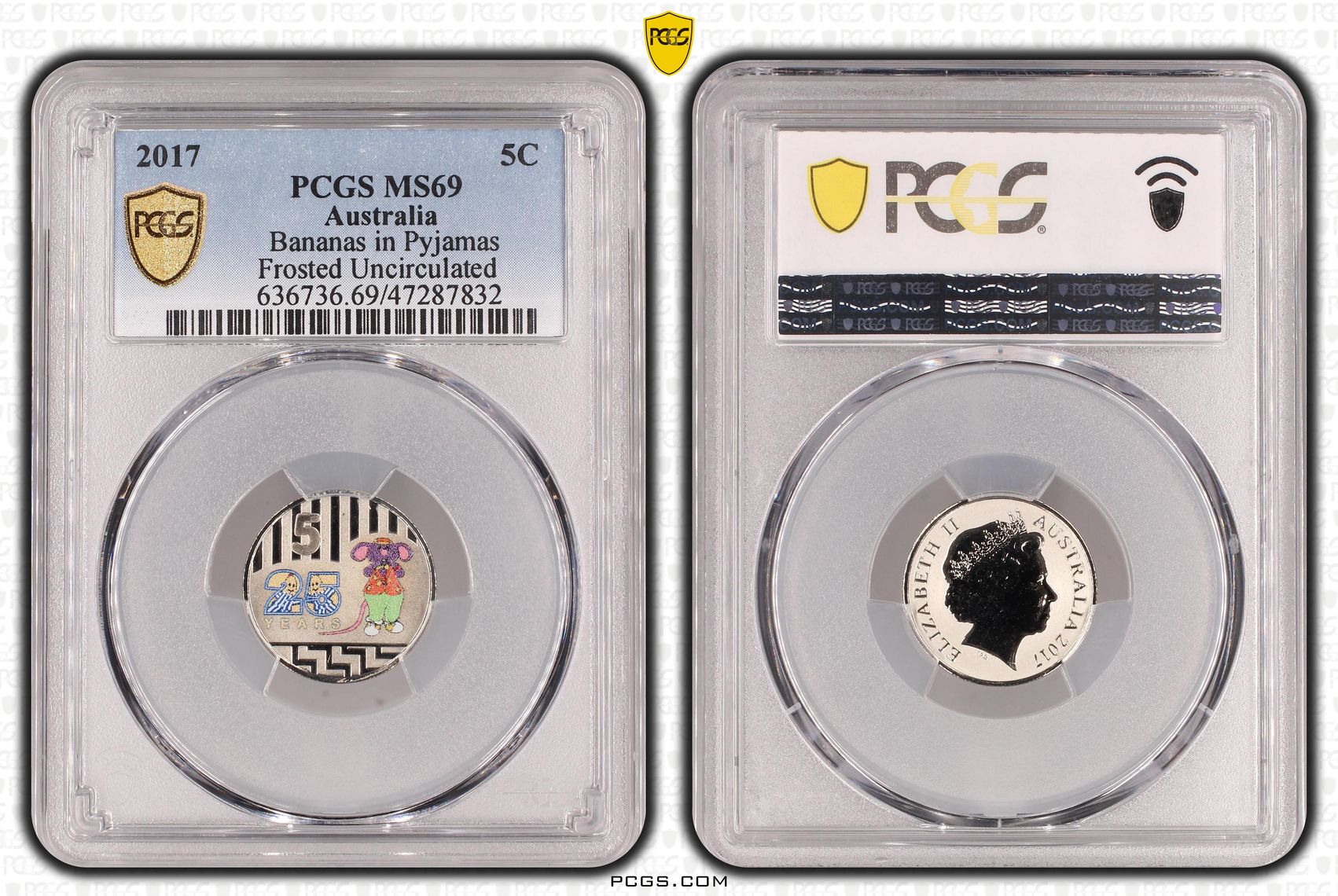 Elizabeth II, Bananas in Pyjamas Frosted Uncirculated, Five Cent, 2017, PCGS MS69
