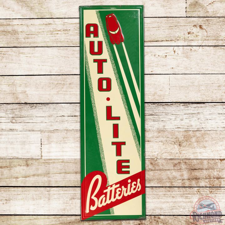 Autolite Batteries Vertical Embossed SS Tin Sign w/ Car Logo