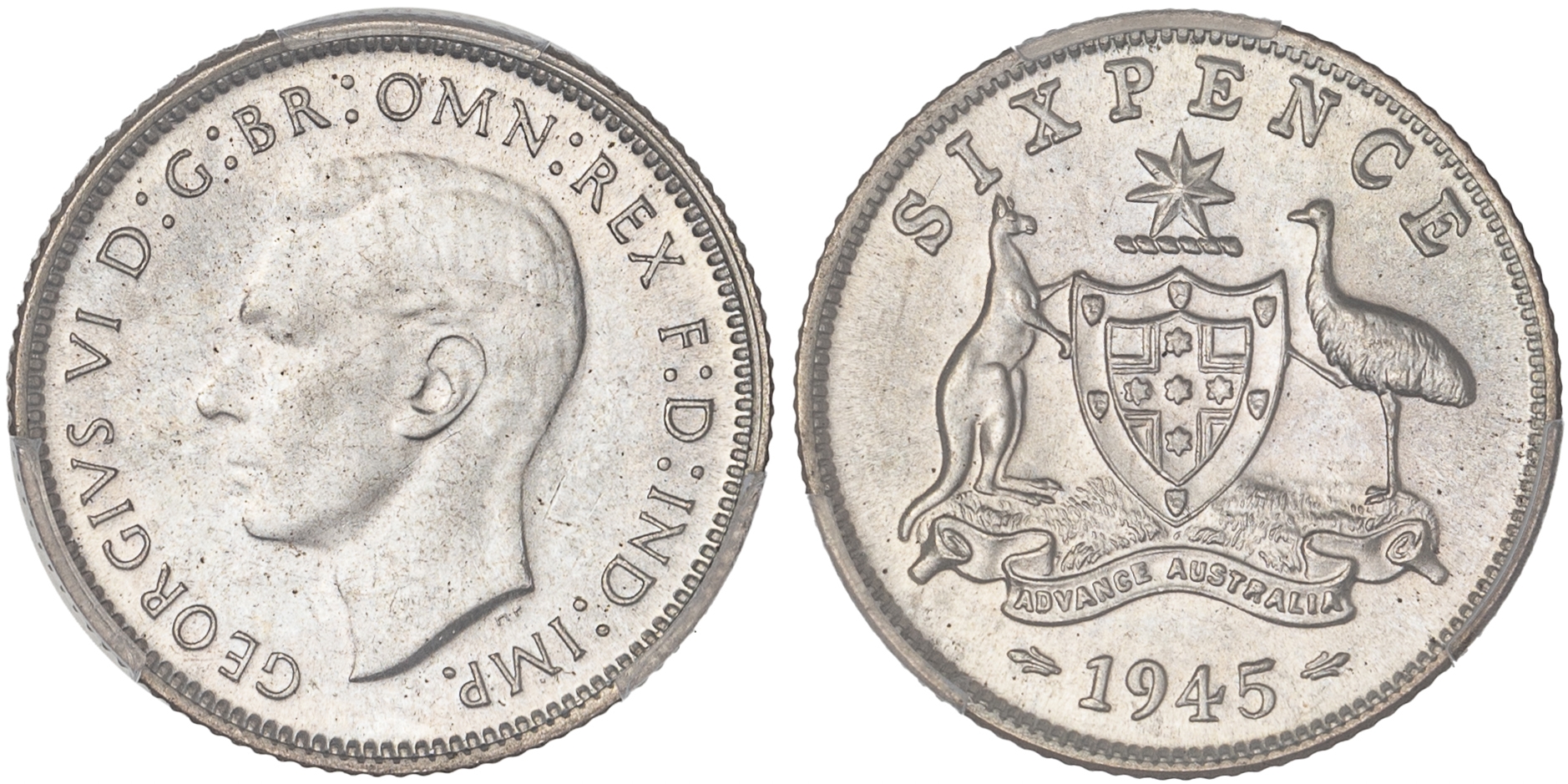 George VI, Sixpence, 1945, PCGS MS65