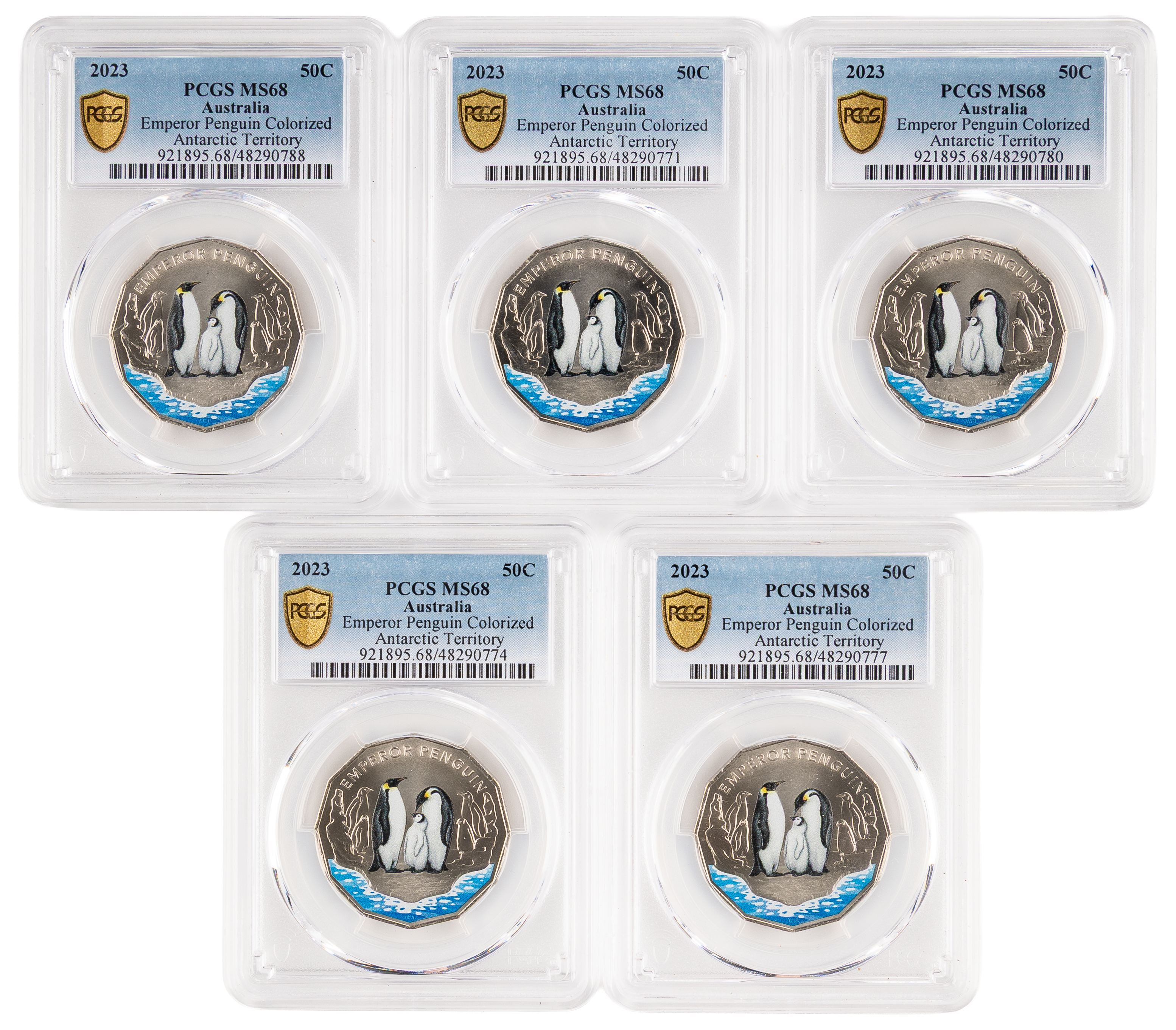 5x Emperor Penguin Colourised Antarctic Territory, Fifty Cent, 2023, PCGS MS68