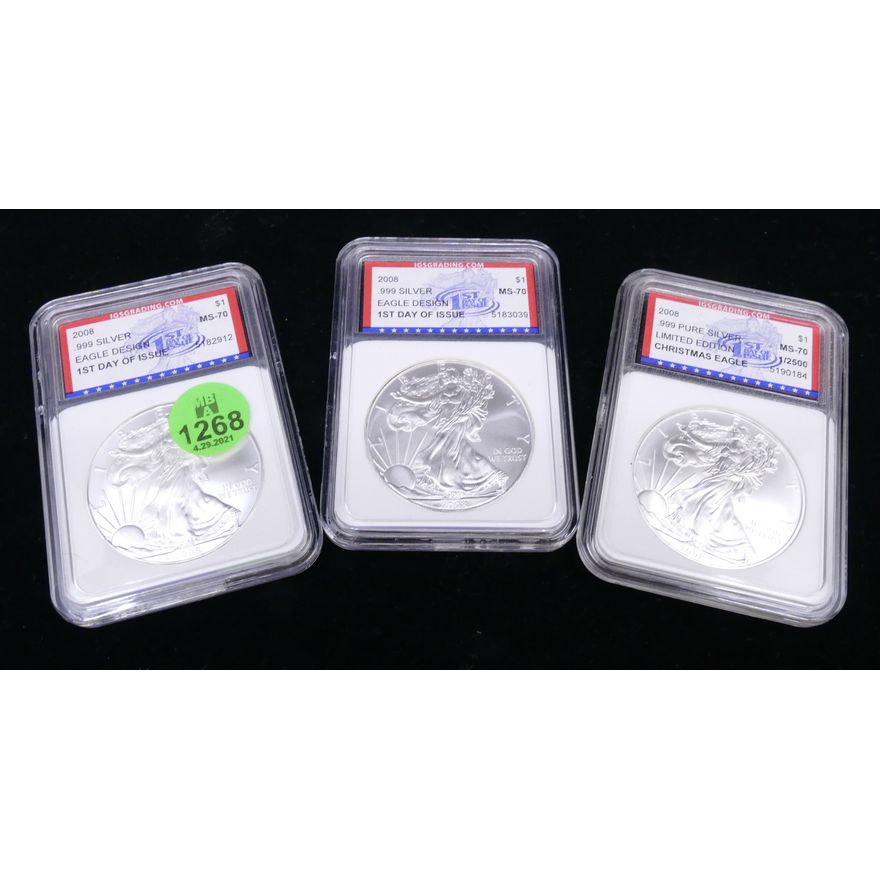 3pc US American Eagle 2008 999 Graded Coins- MS70