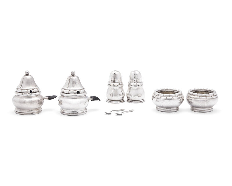 A Pair Georg Jensen Silver Salts Cellers, Pepper Casters and Mustard Pots