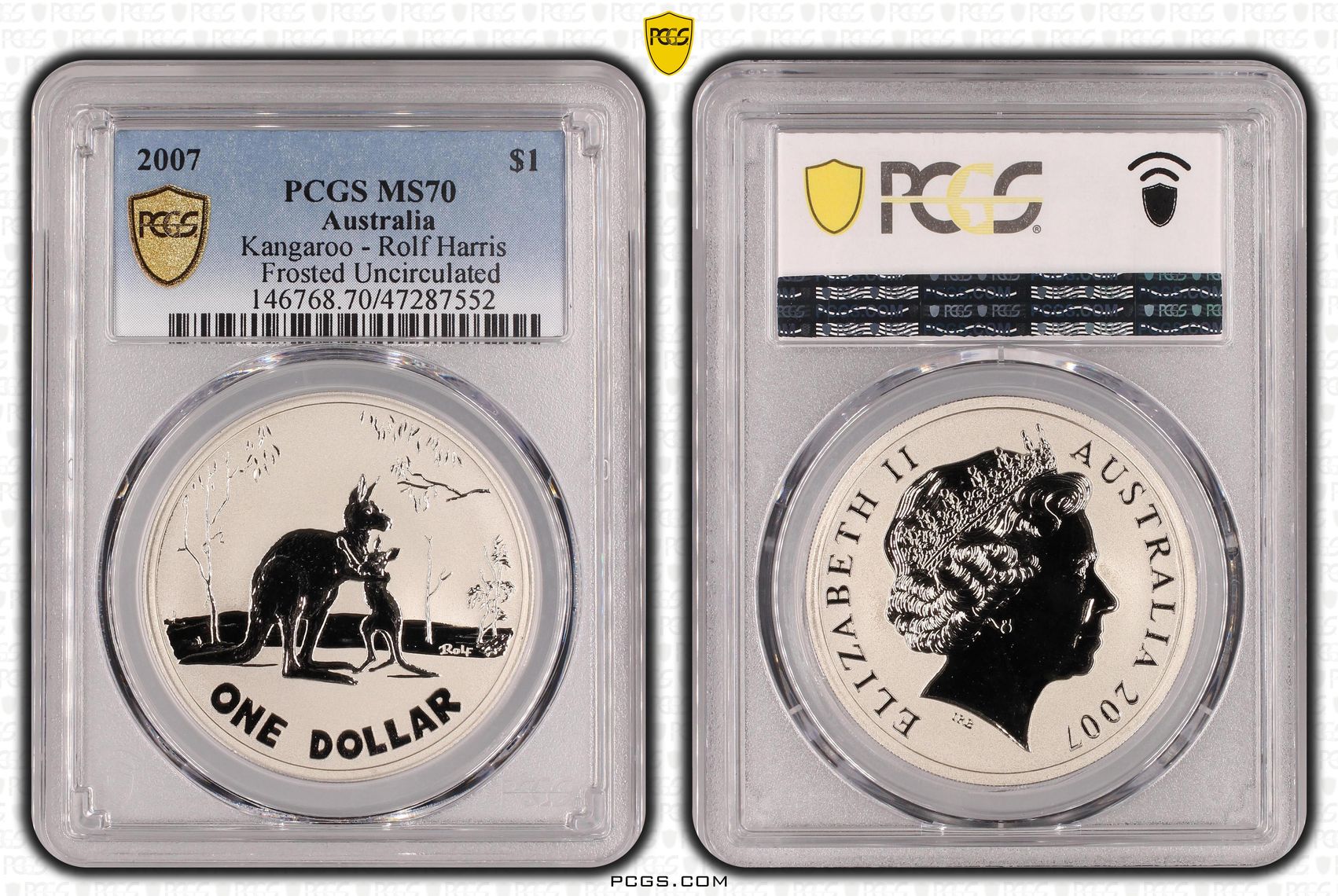 Elizabeth II, Kangaroo - Rolf Harris Frosted Uncirculated, One Dollar, 2007, PCGS MS70