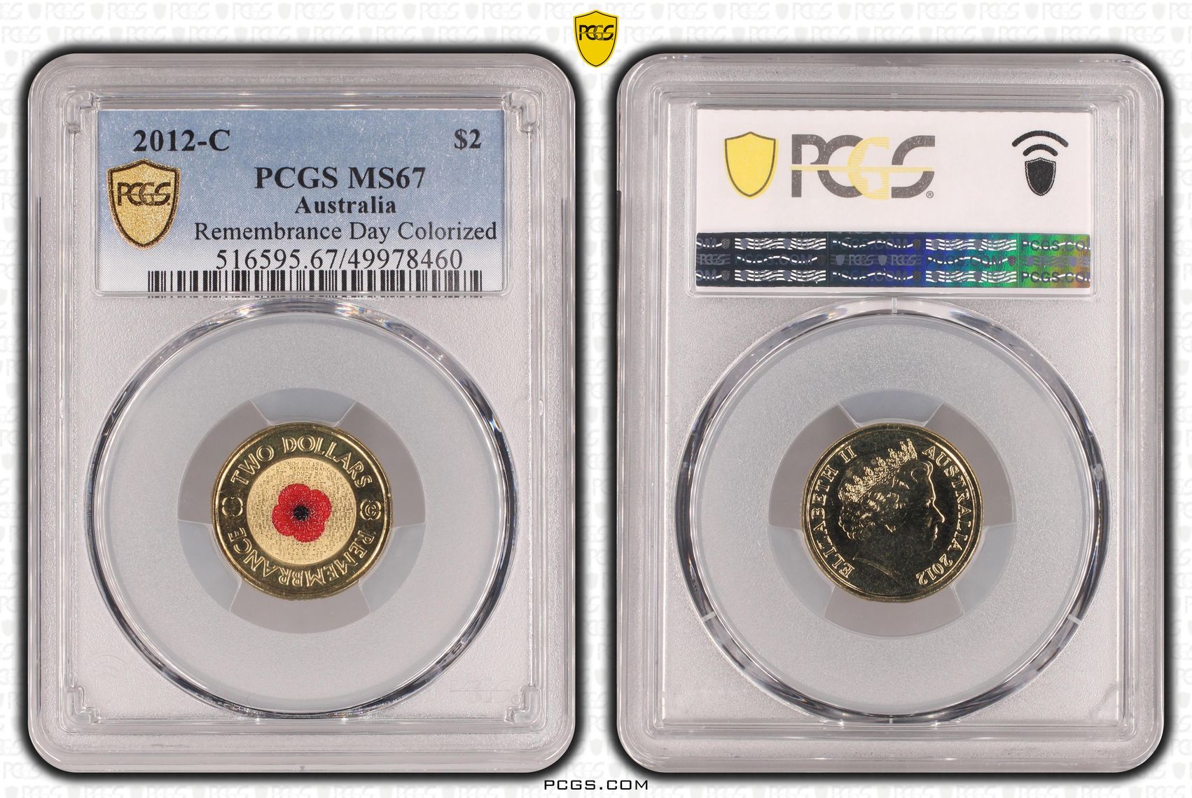 373 · Remembrance Day Colourised Red Poppy, Two Dollar, 2012-C, PCGS MS67