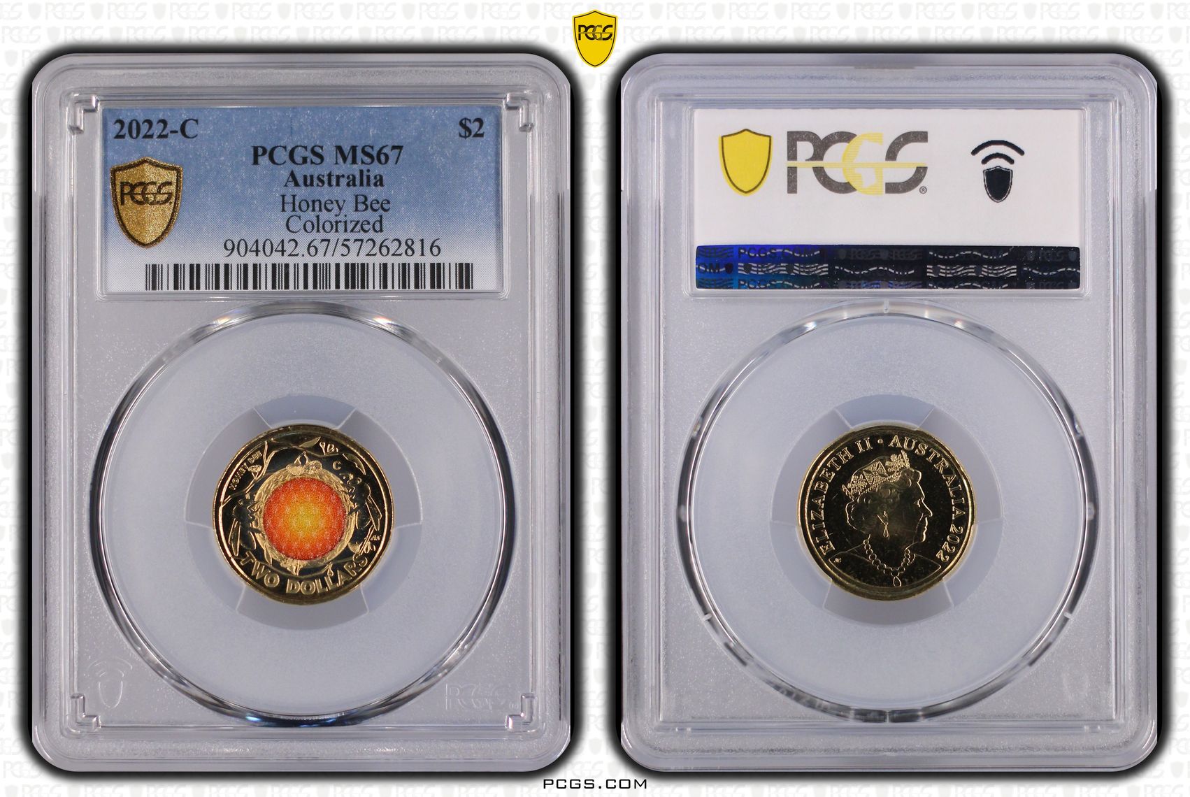 Honey Bee Colourised, Two Dollar, 2022-C, PCGS MS67