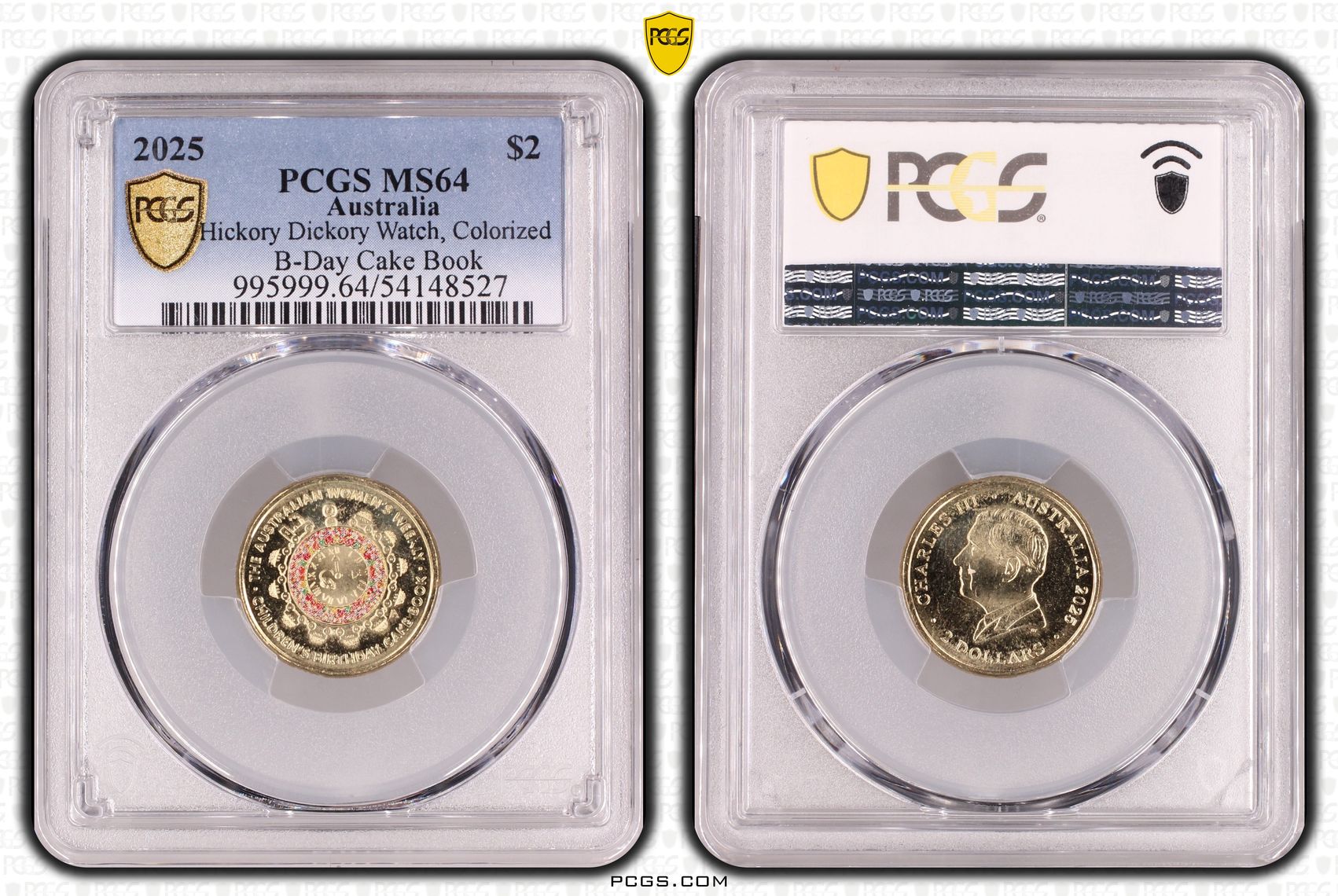 Hickory Dickory Watch, Colourised B-Day Cake Book, Two Dollar, 2025, PCGS MS64