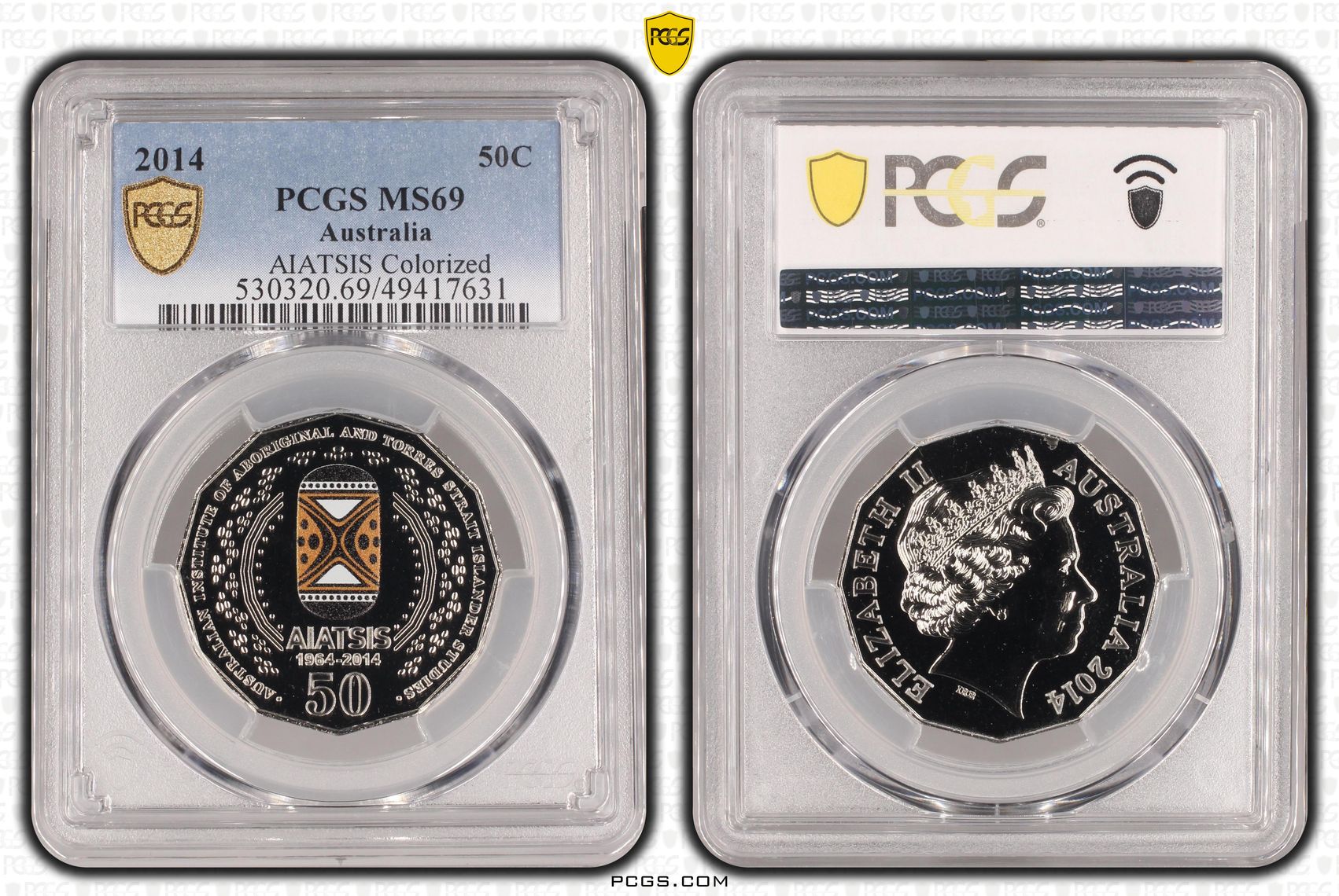 AIATSIS Colourised, Fifty Cent, 2014, PCGS MS69