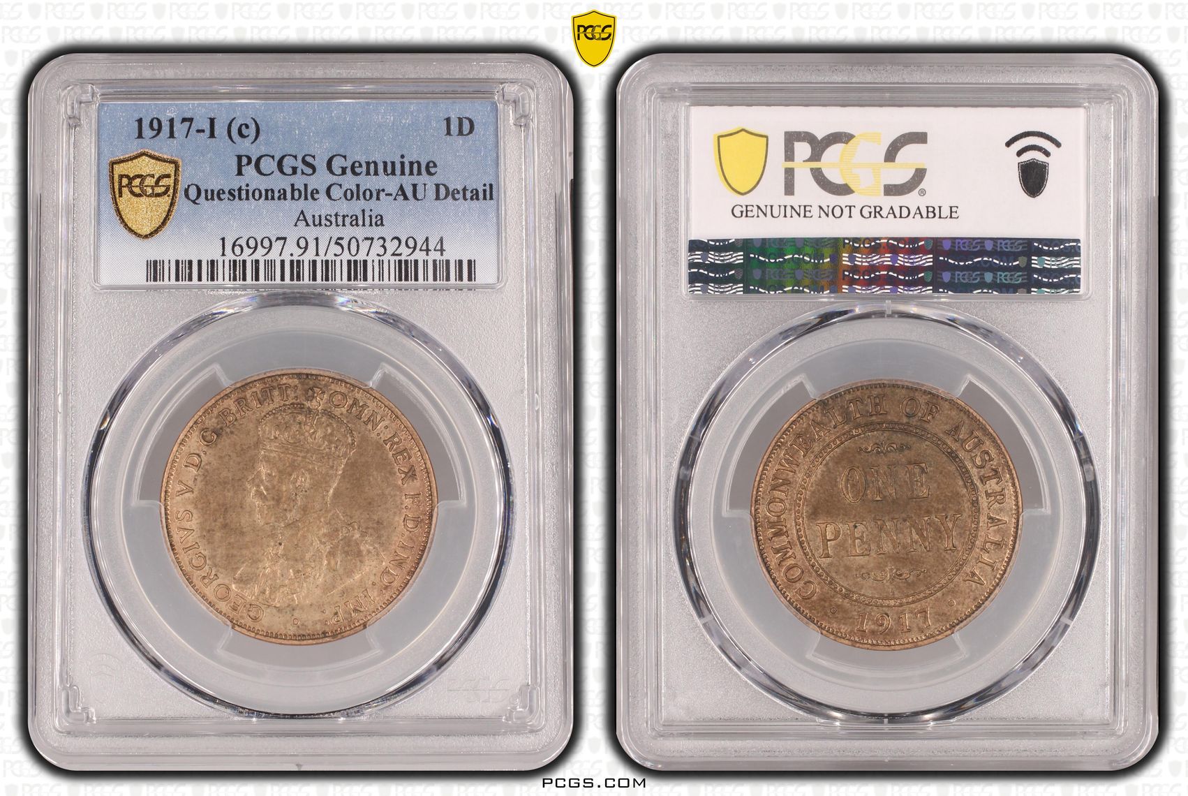 Penny, 1917-I, PCGS Genuine - AU Details (91 - Questionable Color)