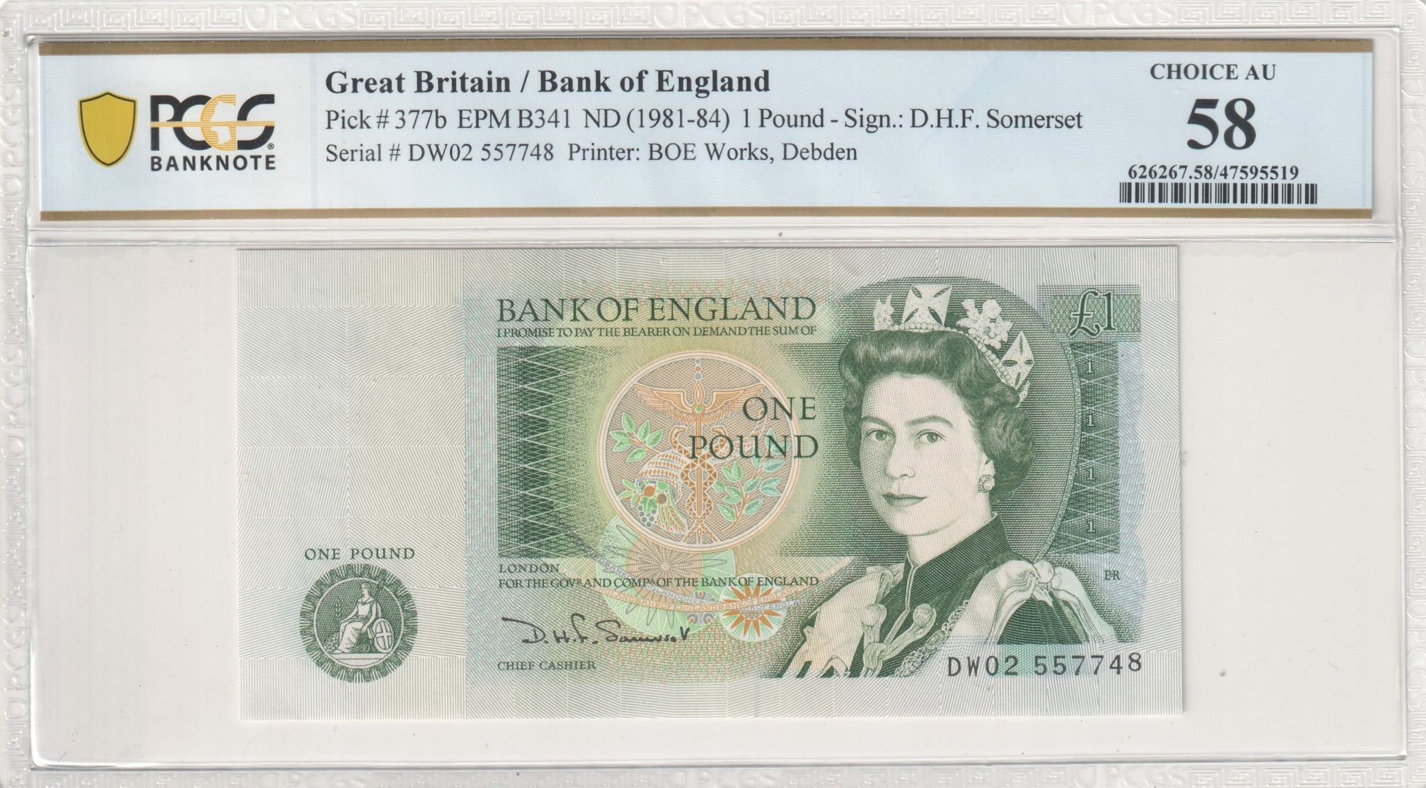 Great Britain, BOE Works, Debden, D.H.F. Somerset, One Pound, 1981-84, PCGS Choice AU 58
