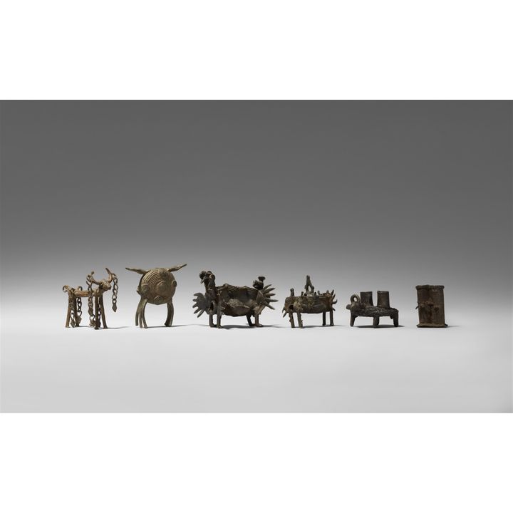 A group of six copper alloy figures and ritual grain bins. Central India, Orissa/Andhra Pradesh border region. Maliah-Kondh tribe. Late 19th