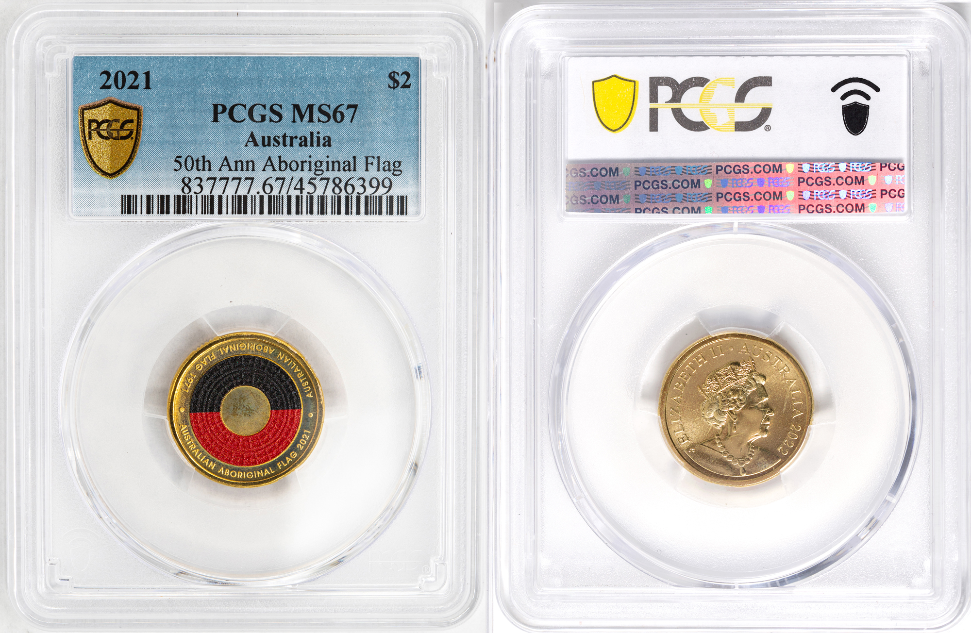 Elizabeth II, 50th Ann Aboriginal Flag, Two Dollar, 2021, PCGS MS 67