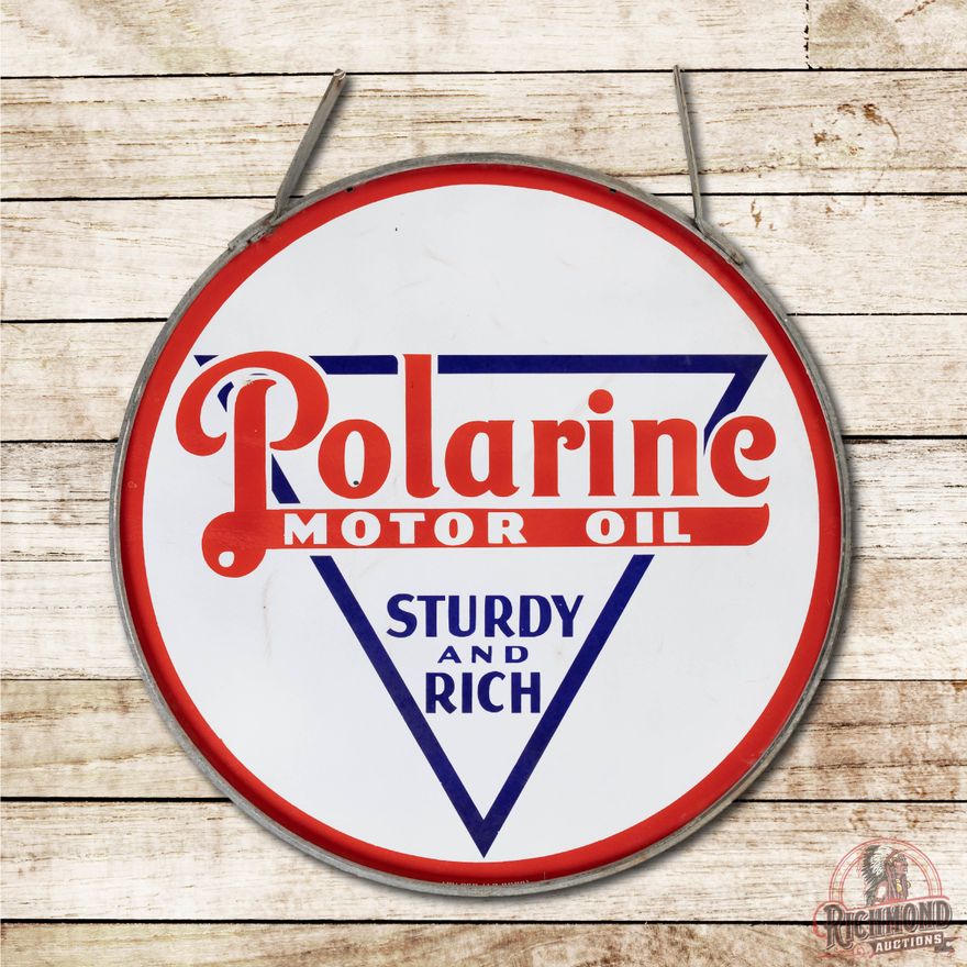 Rare 42" Polarine Motor Oil Sturdy & Rich DS Porcelain Sign & Original Hanger TAC 9.25 & 9