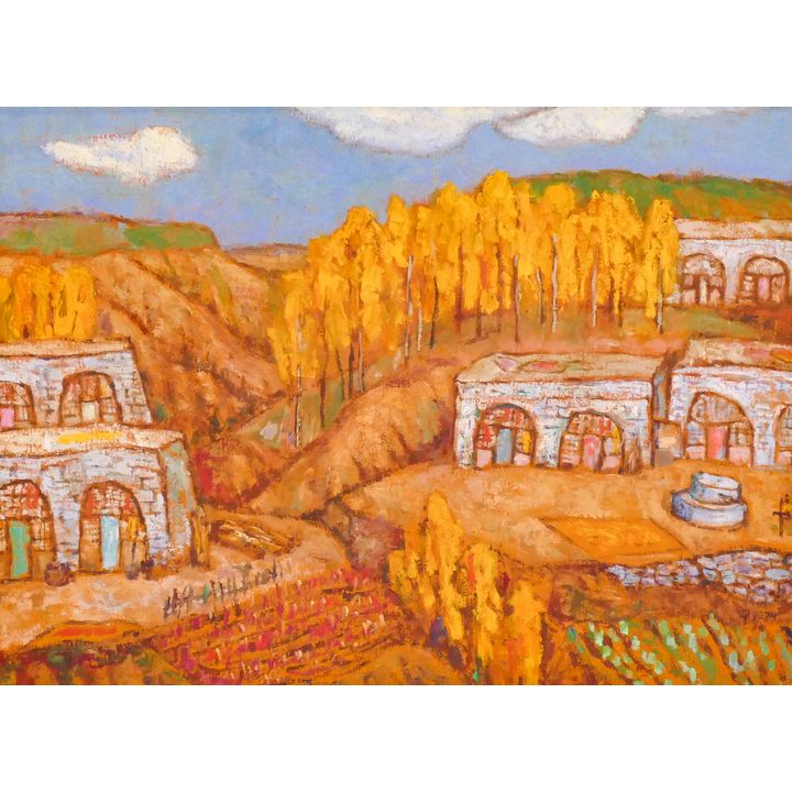 Yin Ping (b.1953 Chinese) ''Shanbei Houses'' 1994 Oil on Canvas Framed 30''x37''