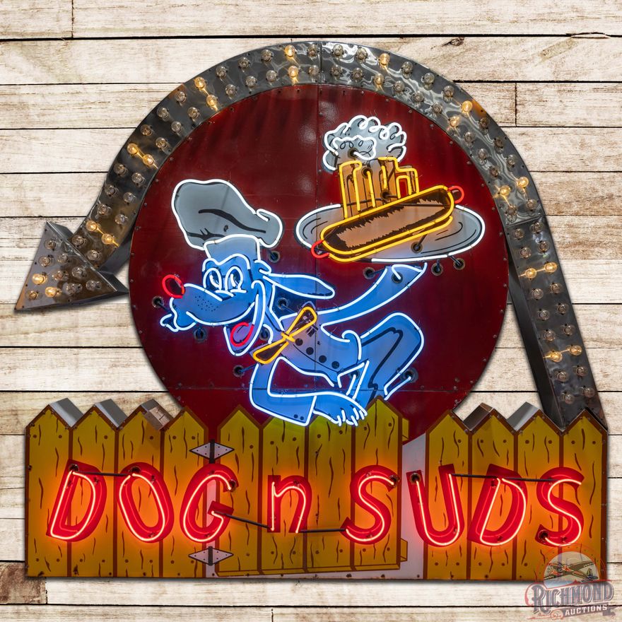 Iconic Dogs N' Suds Die Cut SS Porcelain Neon Sign w/ Flashing Bulbs