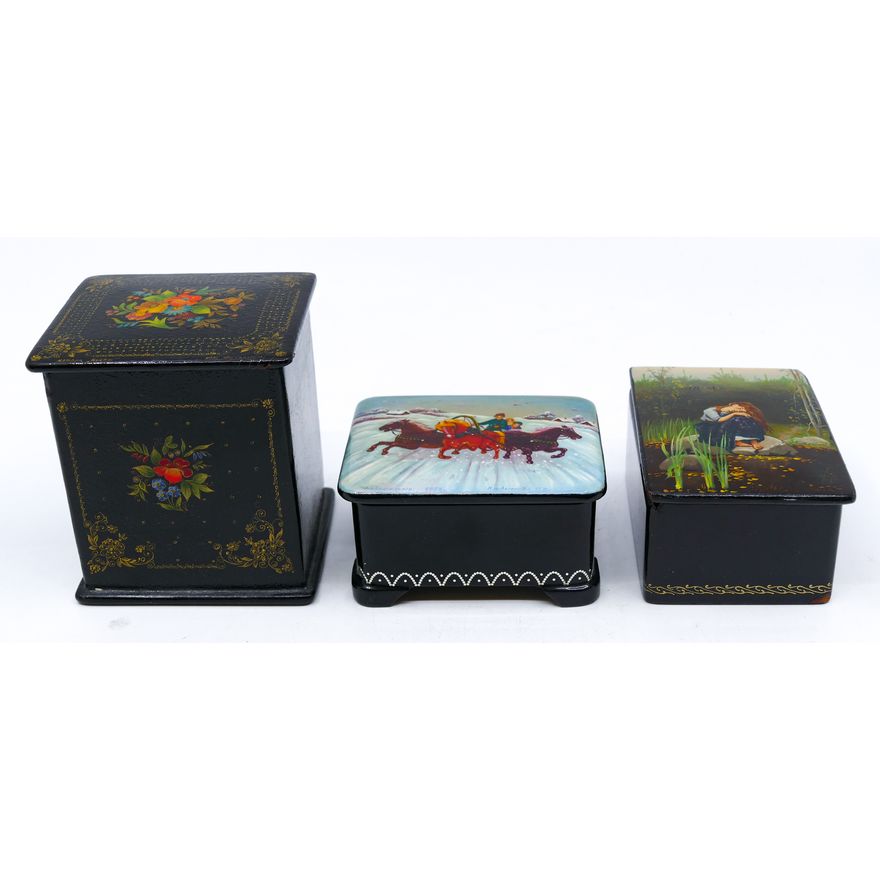 Box 3pc Antique Russian Lacquered Boxes 3'' Approx.