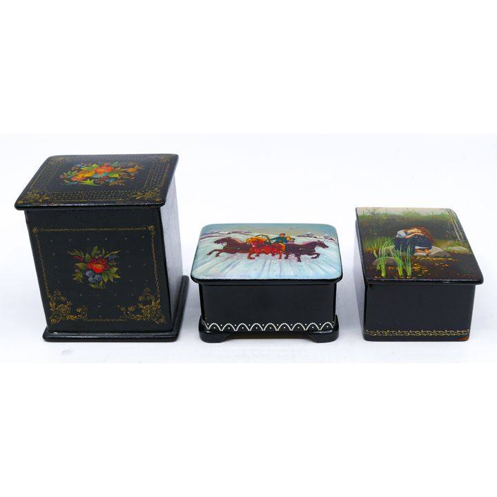 Box 3pc Antique Russian Lacquered Boxes 3'' Approx.