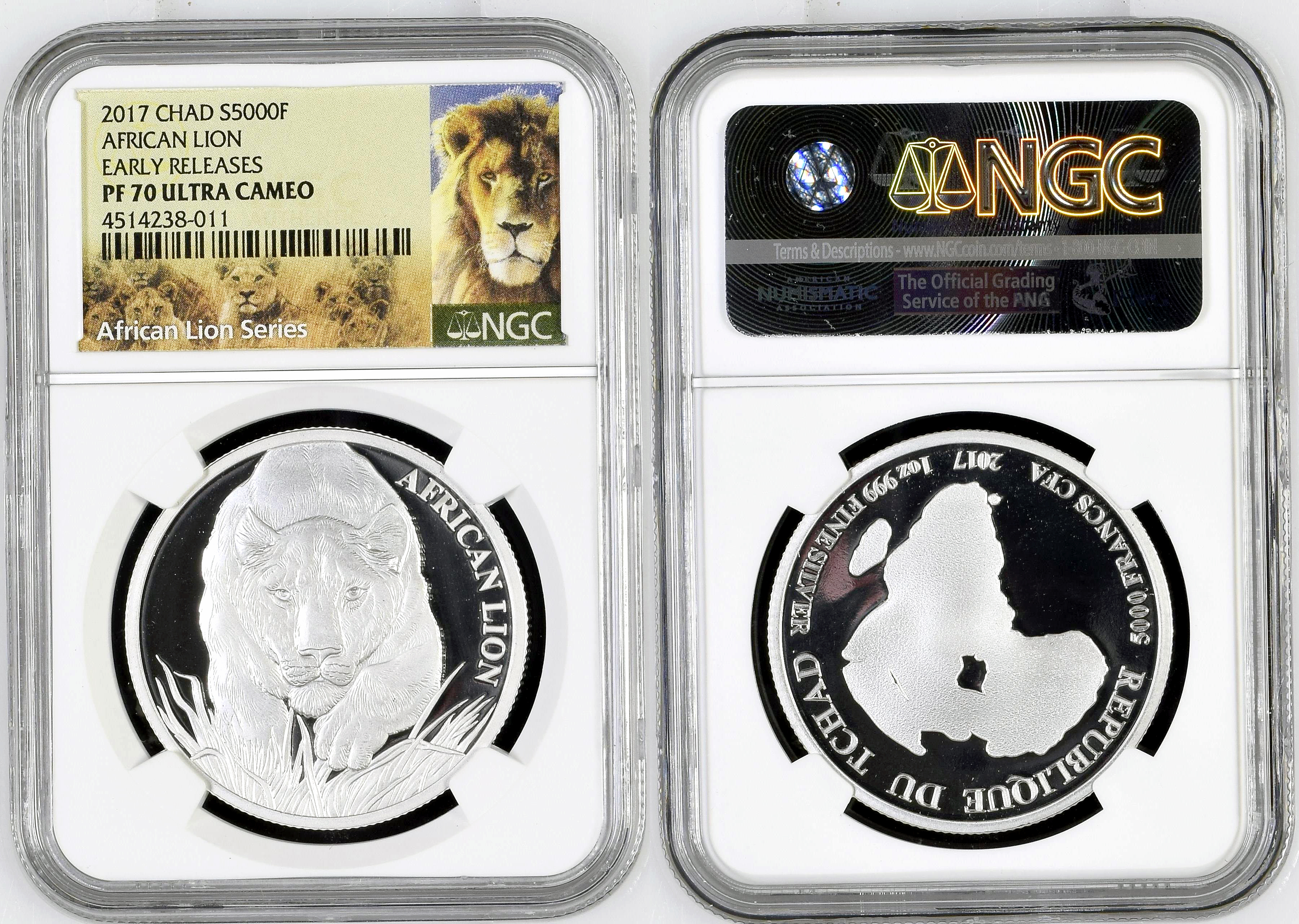 Africa, African Lion, Five Thousand Francs, 2017, NGC PF 70 ULTRA CAMEO