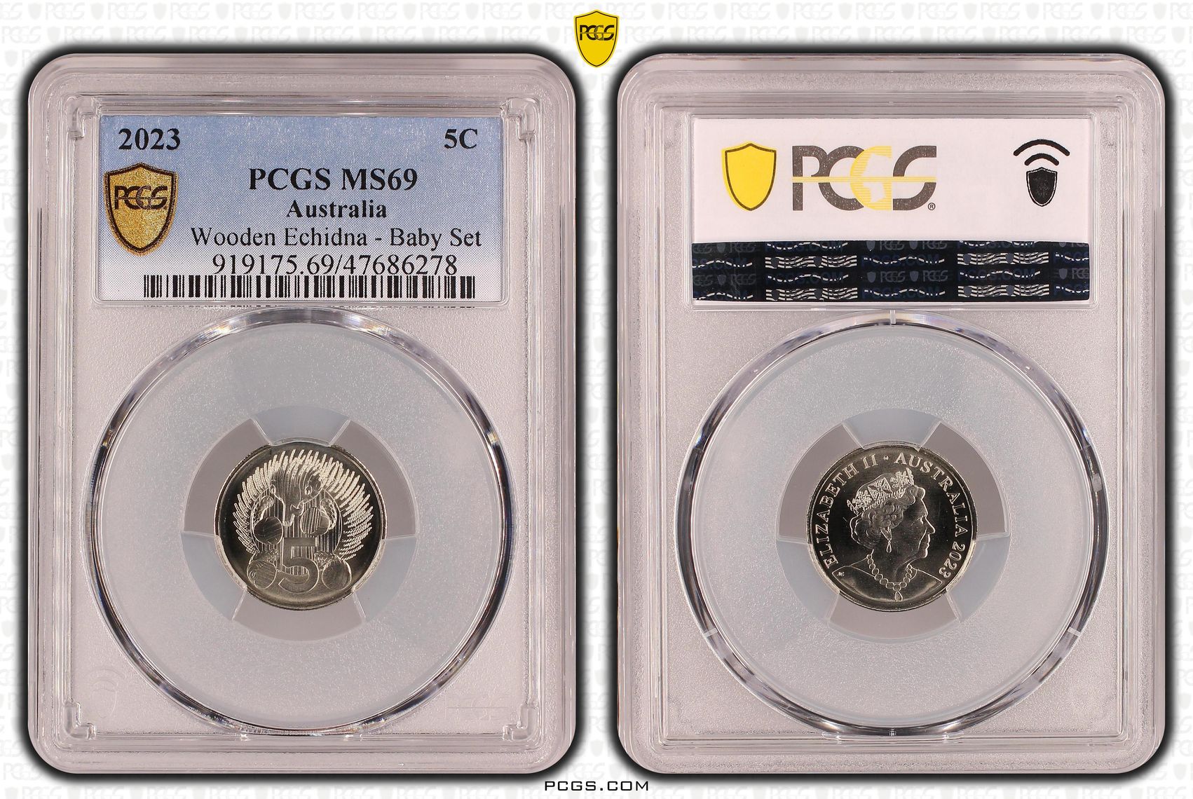 30 · Elizabeth II, Wooden Echidna - Baby Set, Five Cent, 2023, PCGS MS69