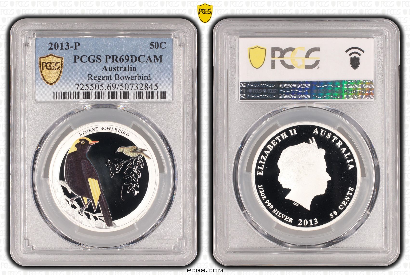 Regent Bowerbird Colourised Silver, POP 6/0, Fifty Cent, 2013-P, PCGS PR69DCAM