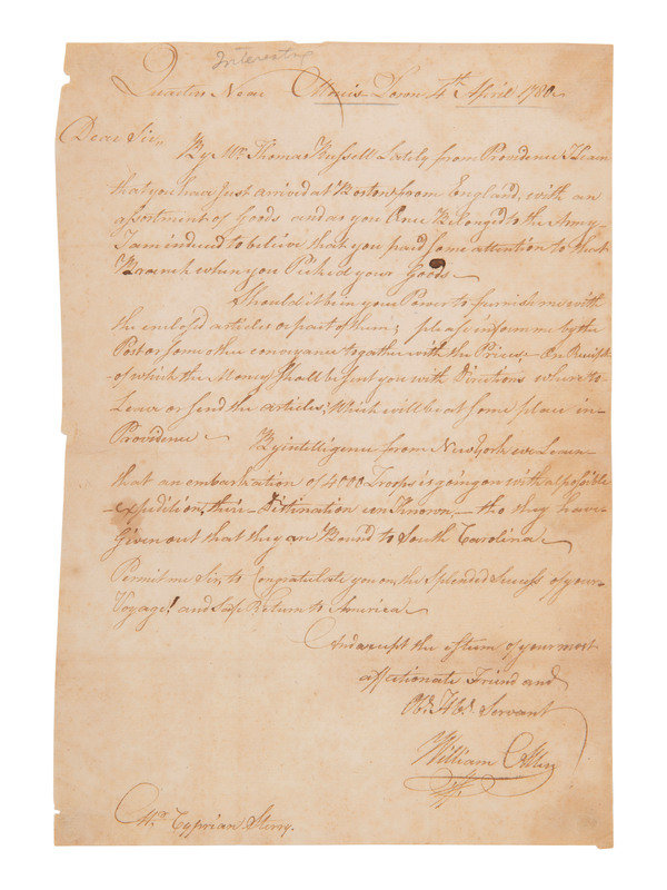 [REVOLUTIONARY WAR - SIEGE OF CHARLESTON]. ALLEN, William (1704-1780). Autograph letter signed ("William Allen"), to Cyprian Stormy[?]. Morris-Town, [NJ], 4 April 1780.