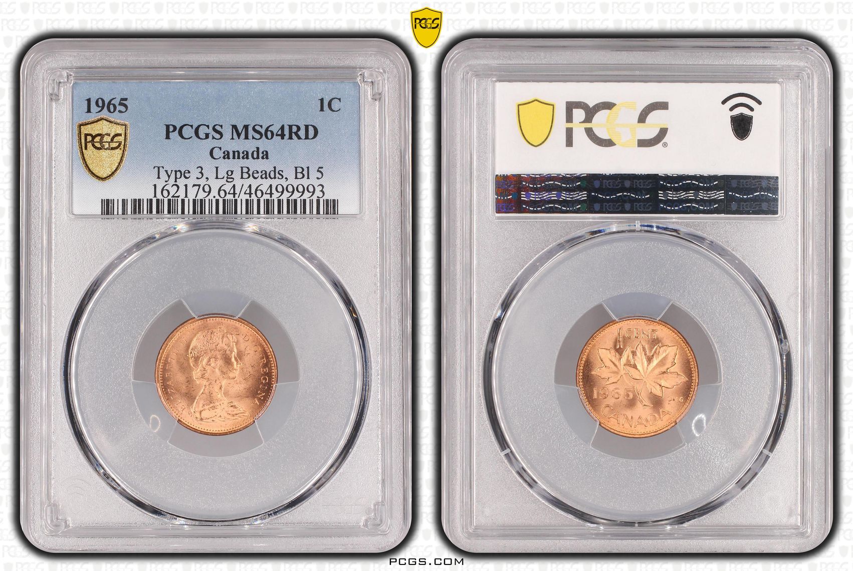 Canada, Type 3, Large Beads, Blunt 5, One Cent, 1965, PCGS MS64RD