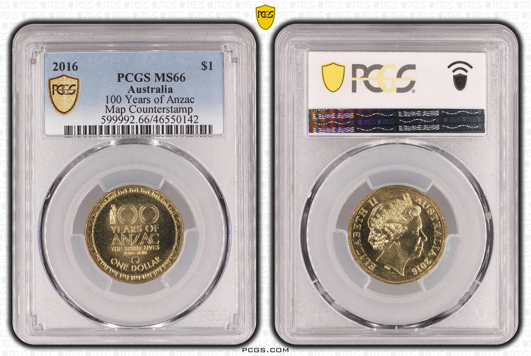 100 Years of Anzac, Map Counterstamp , One Dollar, 2016, PCGS MS66