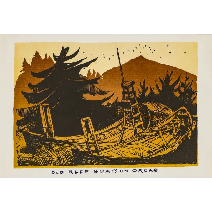 Elton Bennett ''Old Reef Boats on Orcas'' Signed Serigraph Sheet 5''x6.25''