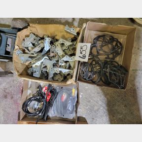 Snow shoes, wood brace brackets and electrical cords
