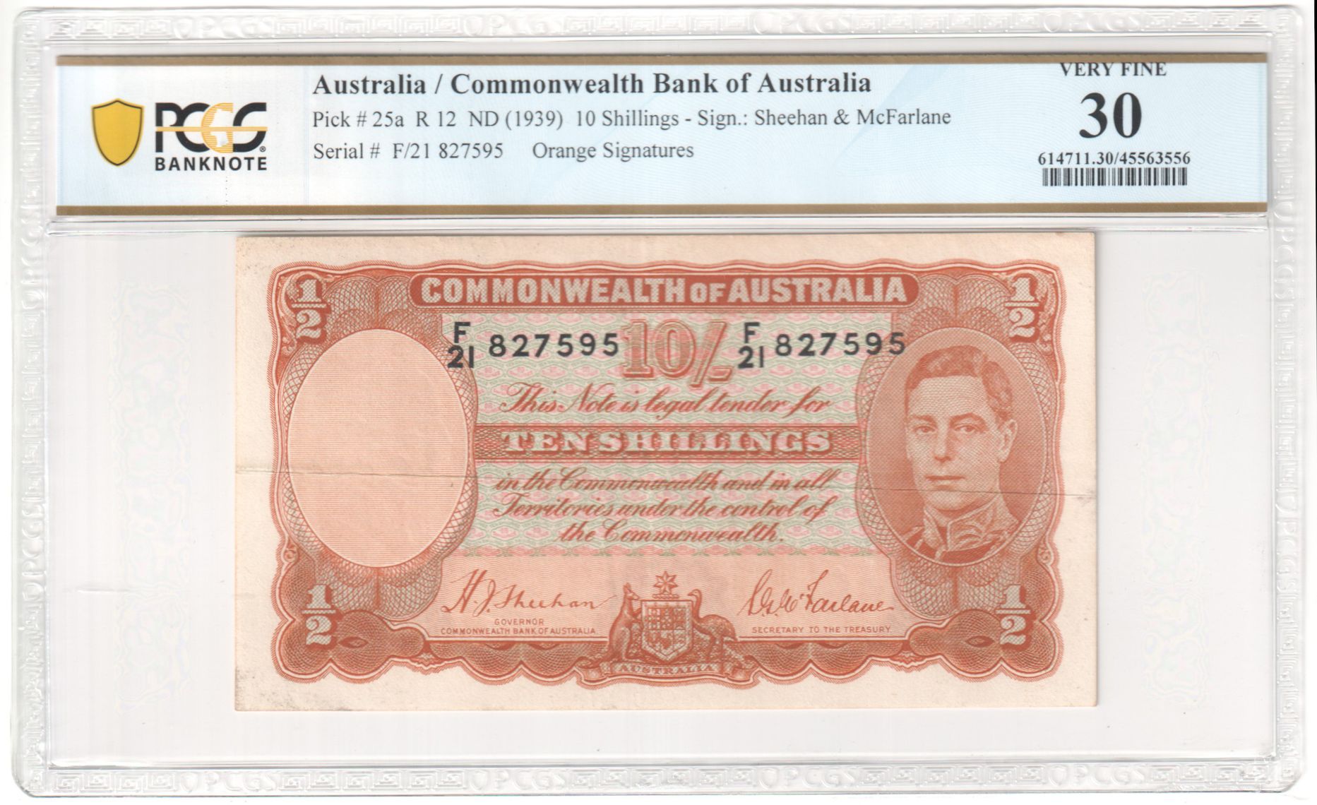 Orange Signatures, Ten Shillings, 1939, PCGS Very Fine 30