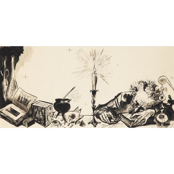 Jan Marcin Szancer | Ilustracja do książki "Baśń o stalowym jeżu" - przy biurku, 1963