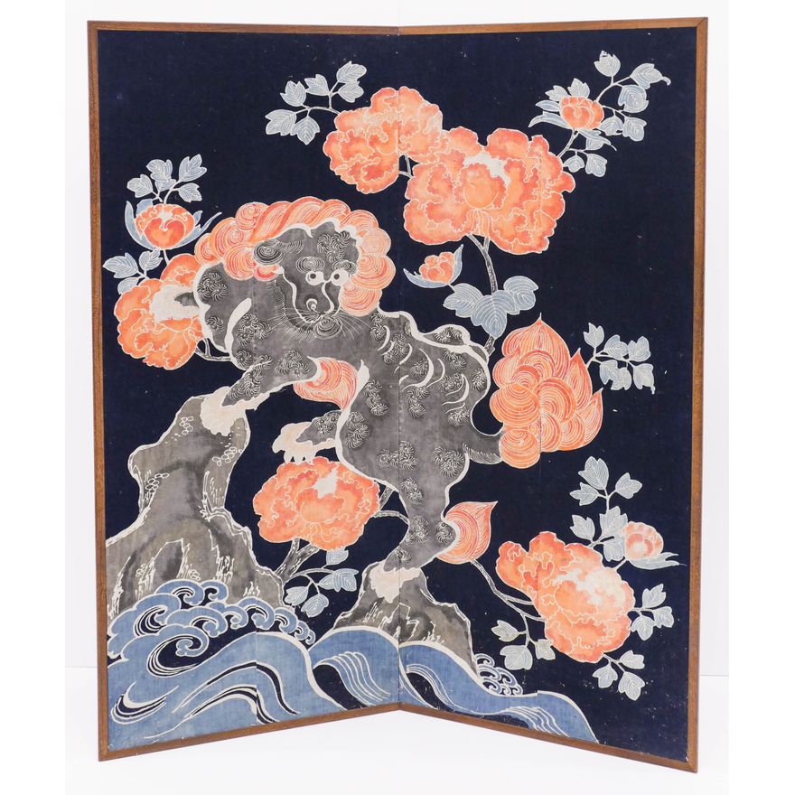 Japanese Rozome Foo Dog Cloth Screen