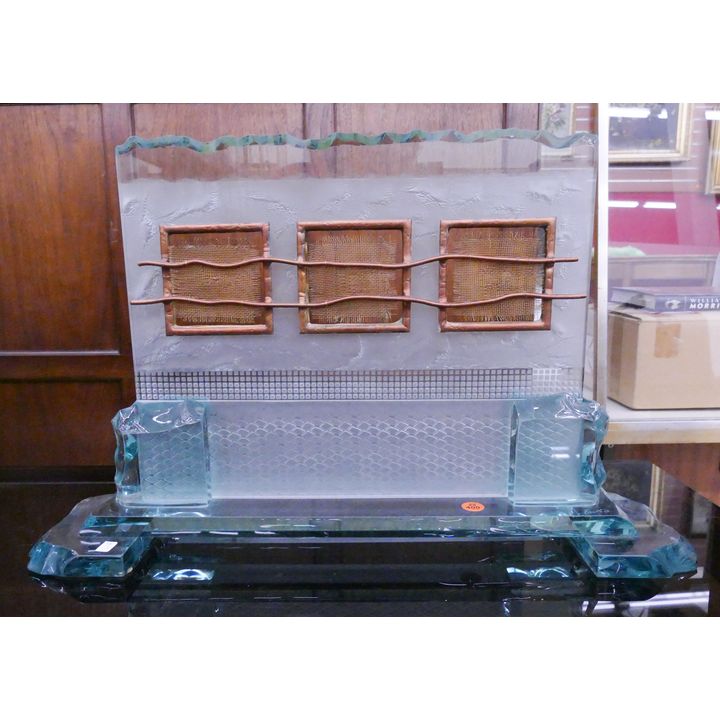 Modern Acid Etched Glass & Copper Table Sculpture- 18.5x22''