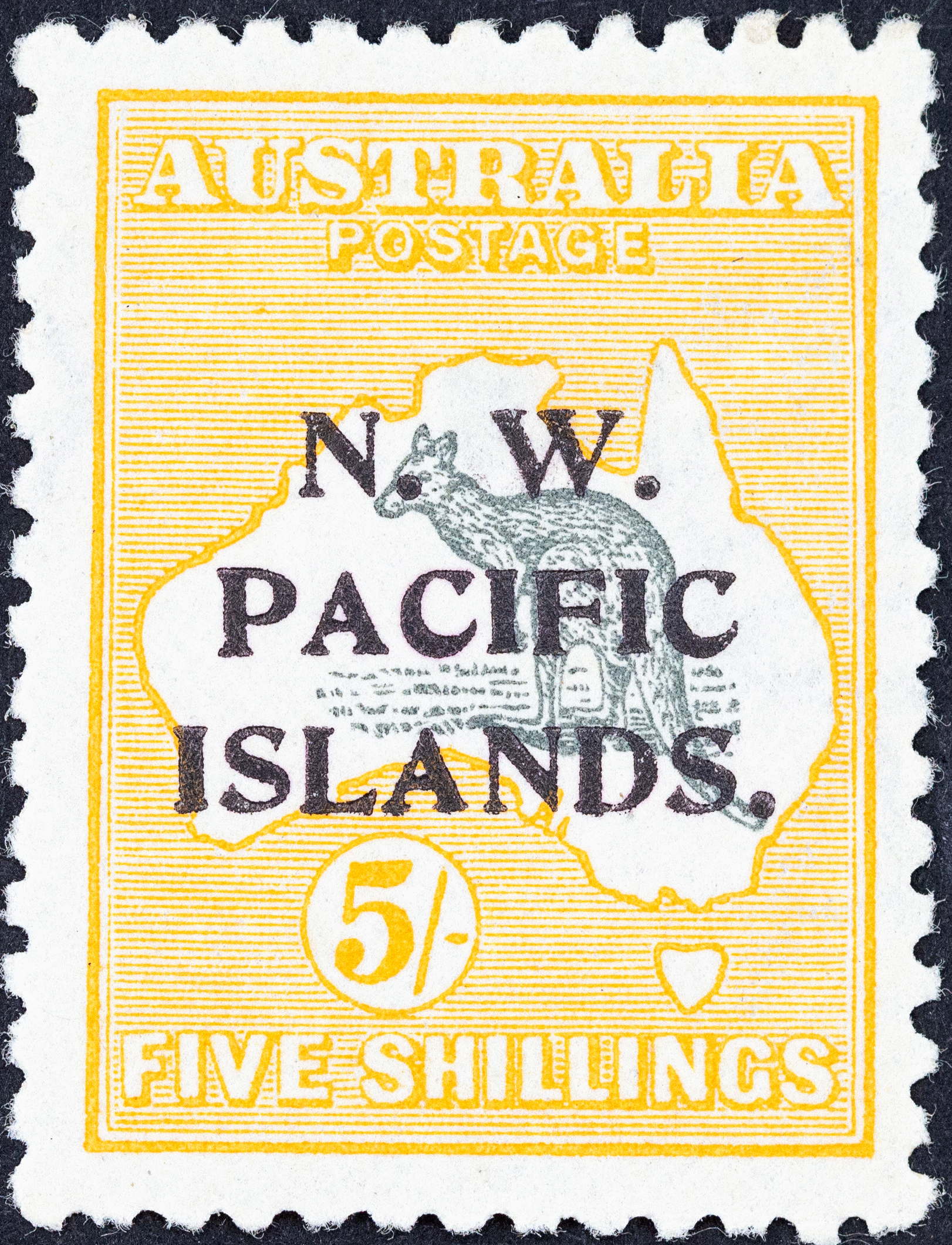 New Guinea, Second Watermark Kangaroo NWPI Overprints, Five Shillings, Grey & Yellow, 1915, MLH