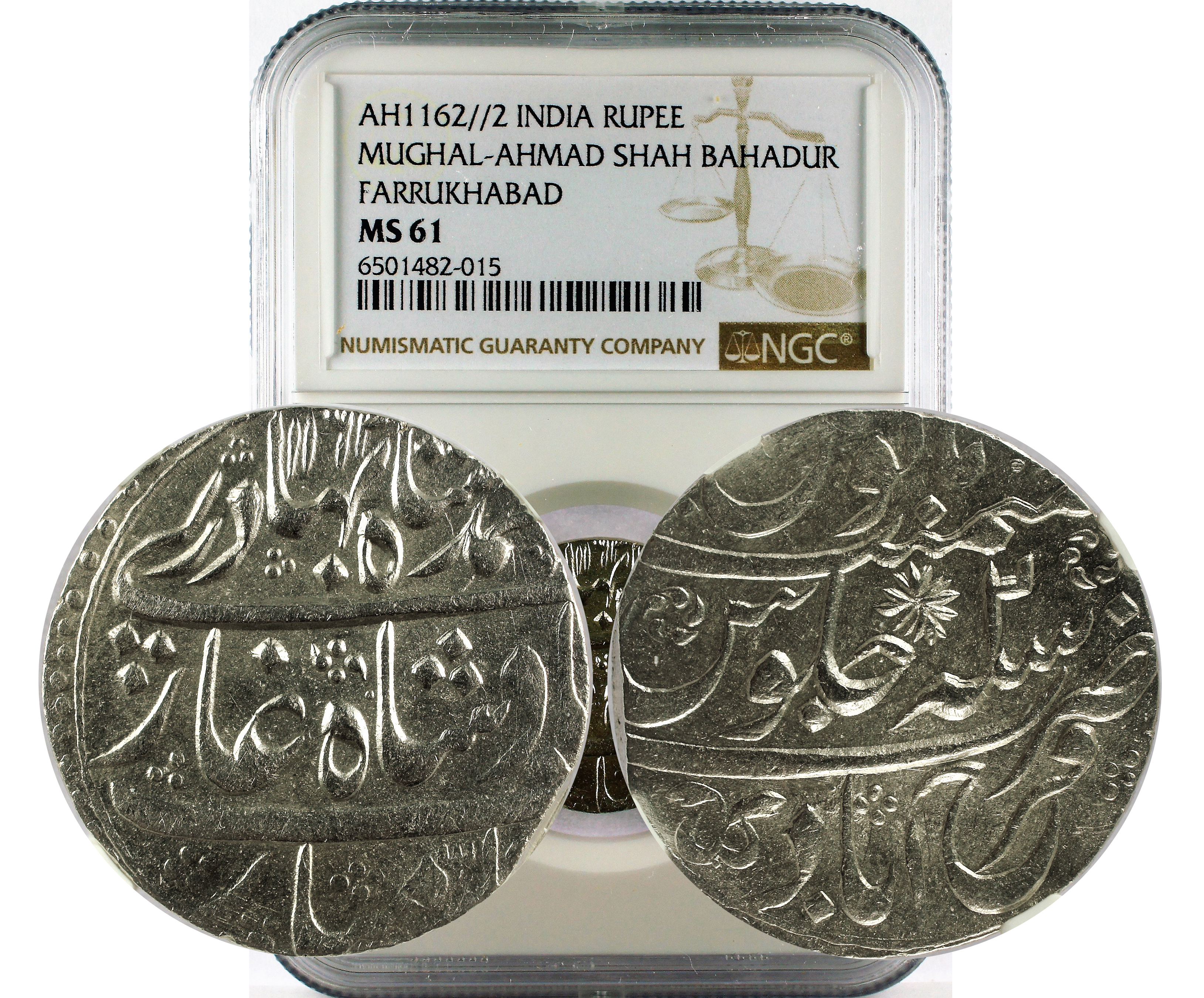 AH1162//2 INDIA MUGHAL-AHMAD SHAH BAHADUR FARRUKHABAD RUPEE MS 61