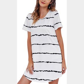 ROOSCIER WOMEN'S STRIPE SHORT SLEEVE SLEEPWEAR LOOSE LOUNGE T SHIRT NIGHTDRESS NIGHTGOWN- LARGE